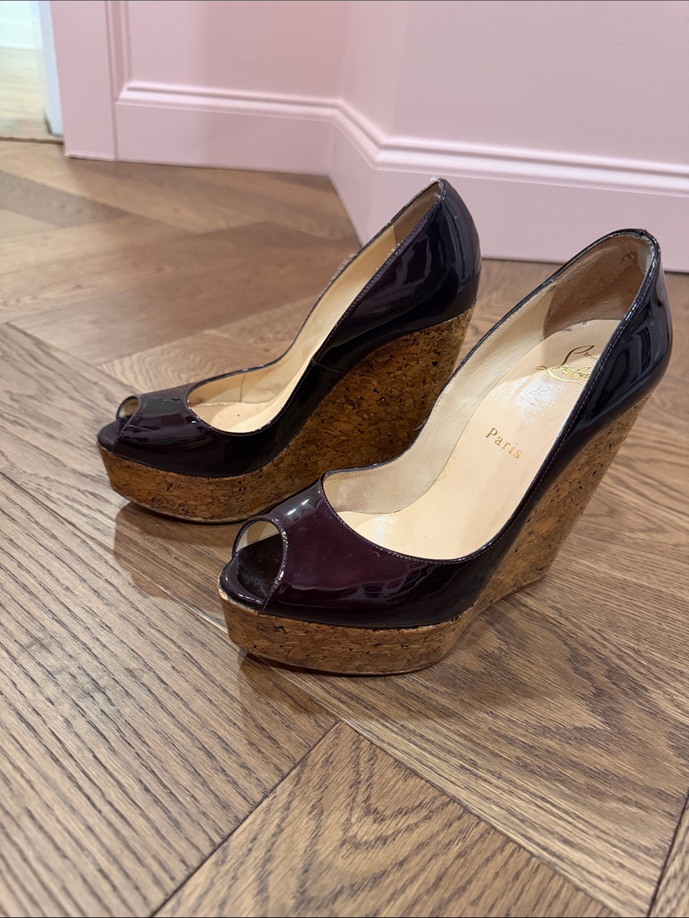 Christian Louboutin Burgundy Patent Cork Peep-Toe Wedges